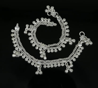 Sterling silver handmade baby ankle bracelet with noisy sound charm and personalized details, crafted by TRIBAL ORNAMENTS.