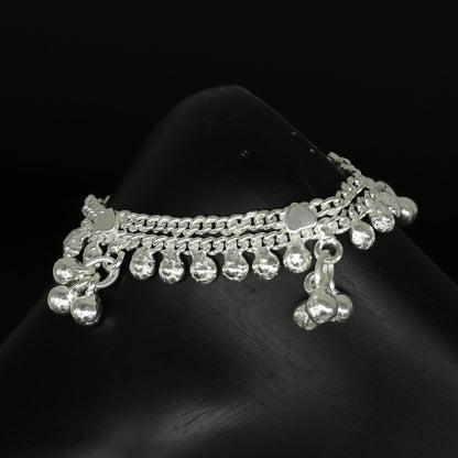 Sterling silver handmade ankle bracelet with noisy sound charm, personalized baby anklet by Tribal Ornaments, 6-inch length.