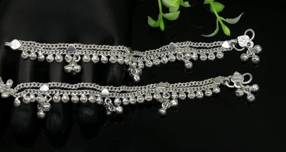 Sterling silver handmade baby anklet with noisy sound charm, personalized tribal ornament ankle bracelet, 6 inches long.