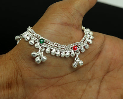 Sterling silver handmade baby ankle bracelet with noisy sound charm, personalized and customized ankle jewelry by TRIBAL ORNAMENTS.
