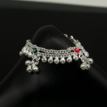 Sterling silver handmade baby ankle bracelet with noisy sound charm, personalized, 6-inch length, from TRIBAL ORNAMENTS.