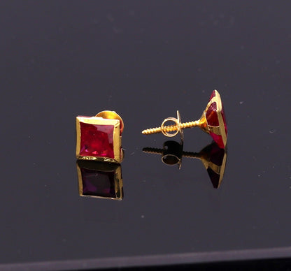 6 mm 18k yellow gold handmade fabulous ruby color stone excellent designer stud earrings pair unisex jewelry - TRIBAL ORNAMENTS