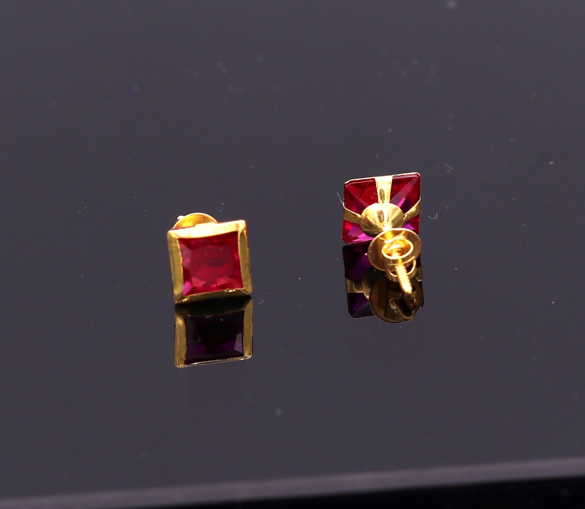6 mm 18k yellow gold handmade fabulous ruby color stone excellent designer stud earrings pair unisex jewelry - TRIBAL ORNAMENTS