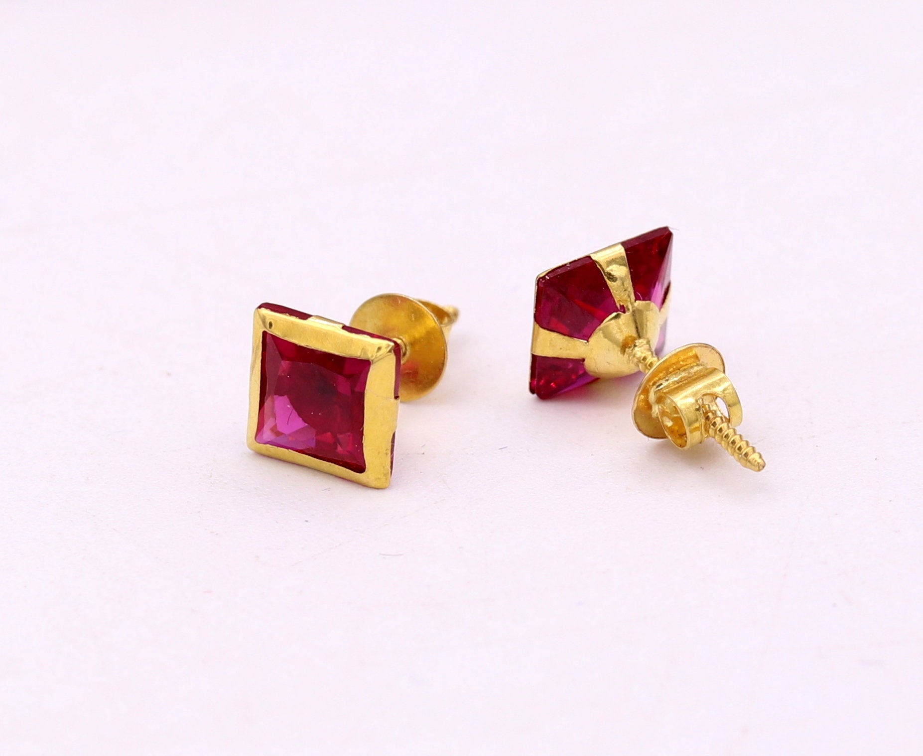 6 mm 18k yellow gold handmade fabulous ruby color stone excellent designer stud earrings pair unisex jewelry - TRIBAL ORNAMENTS