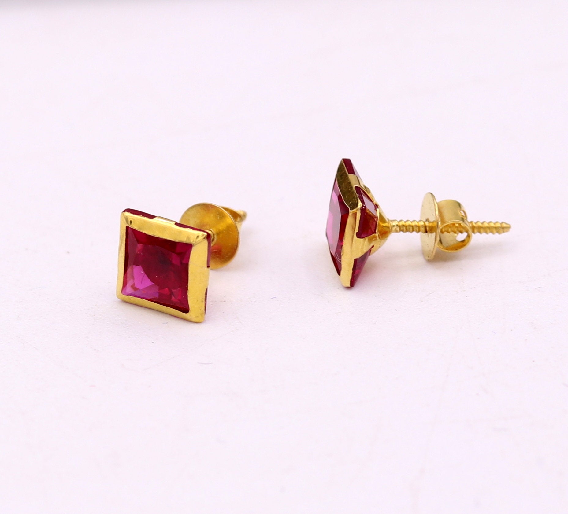 6 mm 18k yellow gold handmade fabulous ruby color stone excellent designer stud earrings pair unisex jewelry - TRIBAL ORNAMENTS