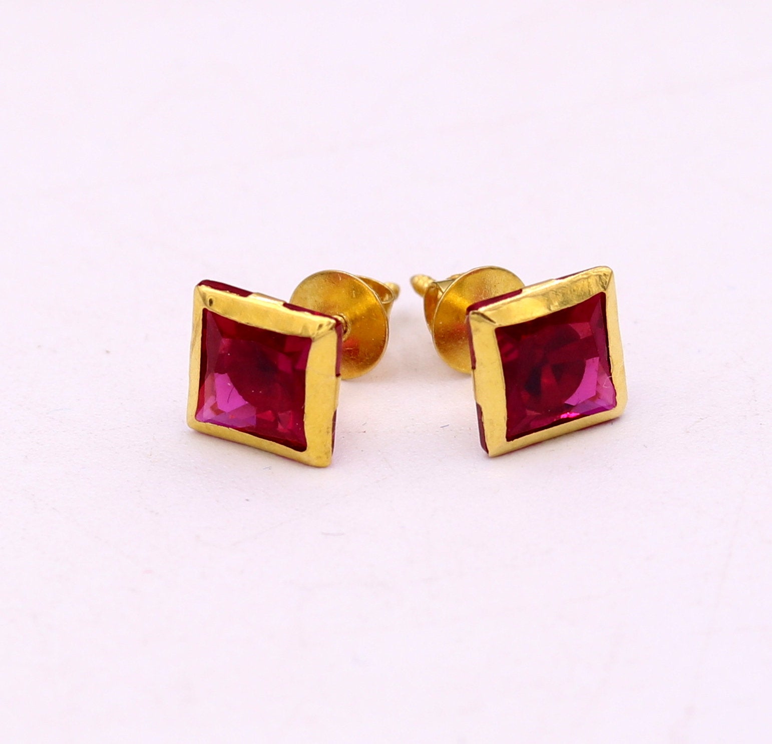 6 mm 18k yellow gold handmade fabulous ruby color stone excellent designer stud earrings pair unisex jewelry - TRIBAL ORNAMENTS