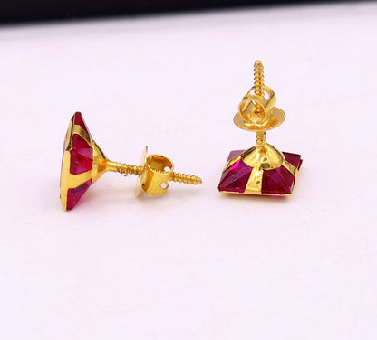 6 mm 18k yellow gold handmade fabulous ruby color stone excellent designer stud earrings pair unisex jewelry - TRIBAL ORNAMENTS