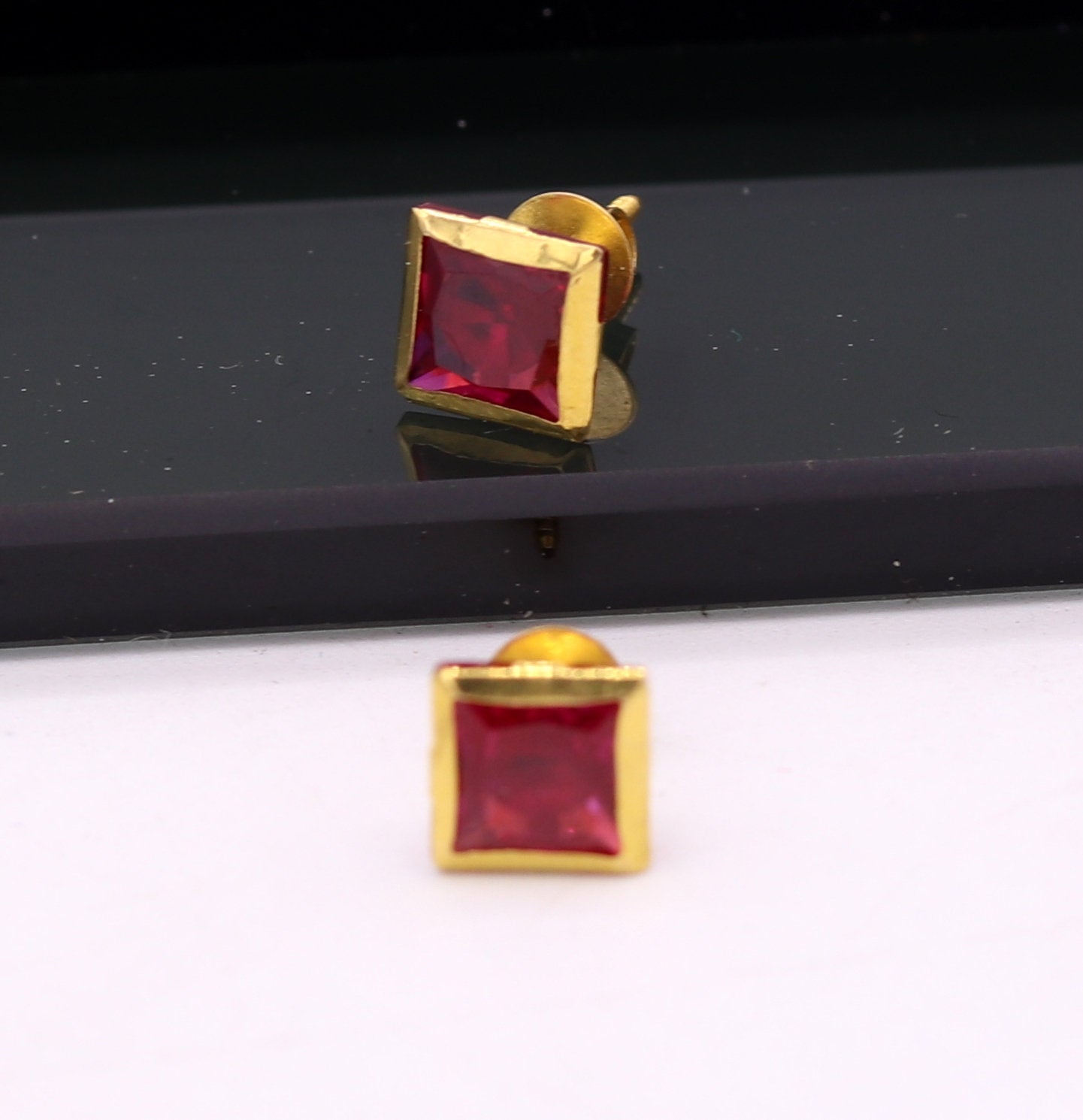 6 mm 18k yellow gold handmade fabulous ruby color stone excellent designer stud earrings pair unisex jewelry - TRIBAL ORNAMENTS