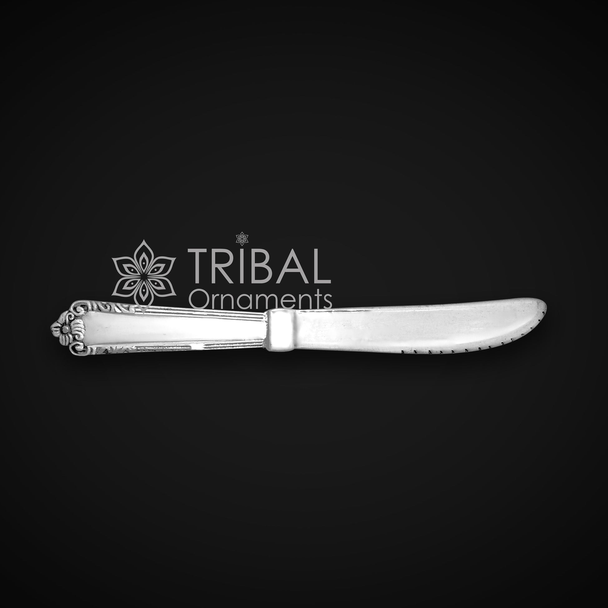 6-inch pure 925 sterling silver butter knife by Tribal Ornaments, elegant utensil for luxury gifting or food serving.
