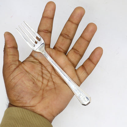 Six-inch TRIBAL ORNAMENTS sterling silver fork and spoon set, elegant food serving utensils with intricate design.