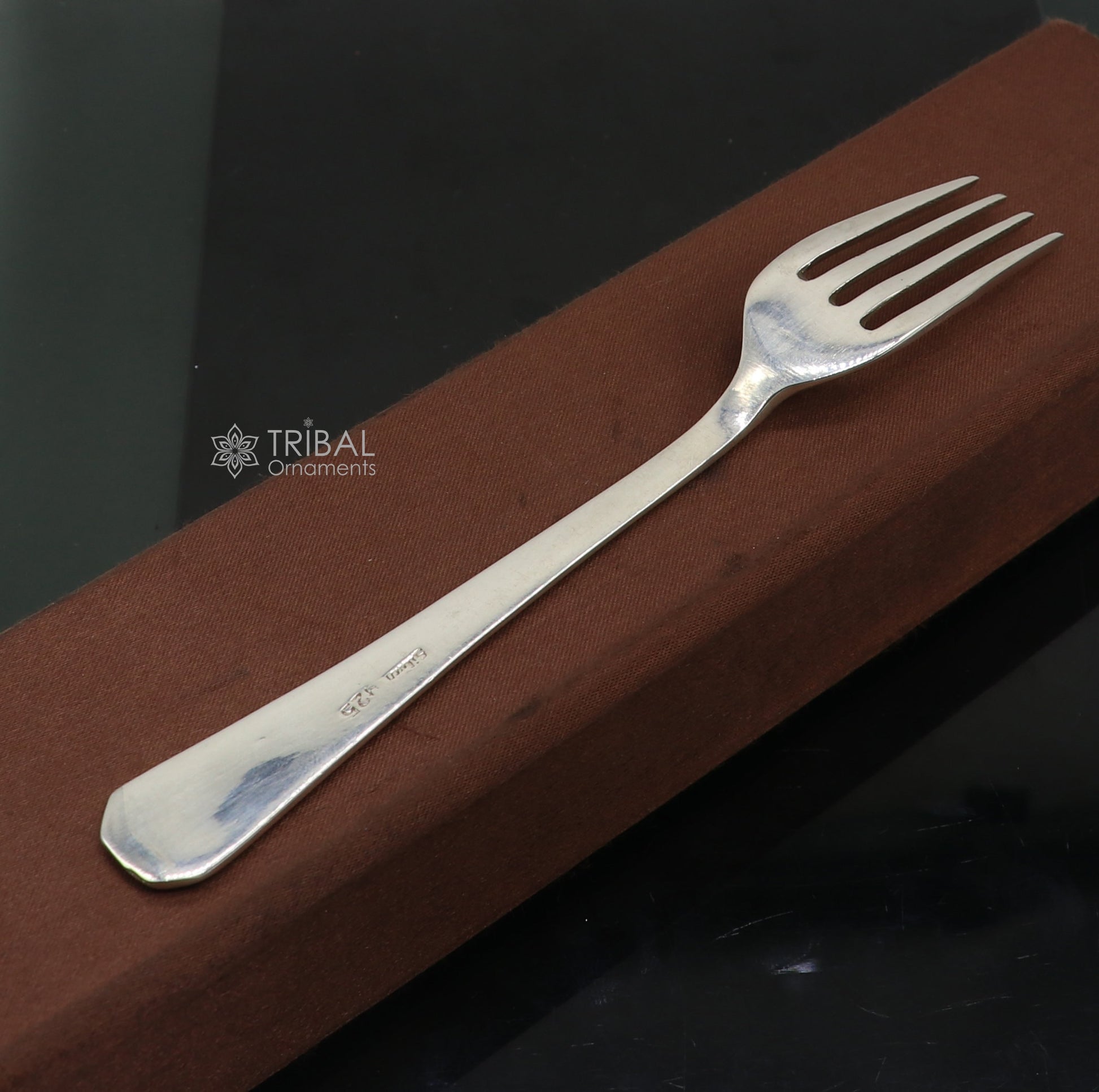 6-inch pure 925 sterling silver fork and spoon set by TRIBAL ORNAMENTS, luxury silver utensils for food serving or gifting.