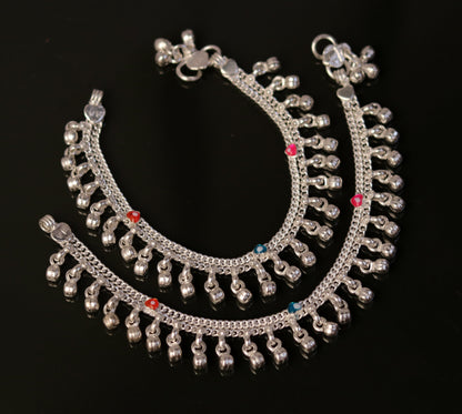 6" Sterling silver handmade fabulous charm baby kids anklets pair with fabulous noisy jingle bells, excellent baby foot bracelet ank165 - TRIBAL ORNAMENTS