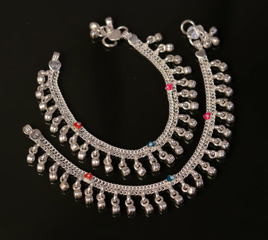 6" Sterling silver handmade fabulous charm baby kids anklets pair with fabulous noisy jingle bells, excellent baby foot bracelet ank165 - TRIBAL ORNAMENTS