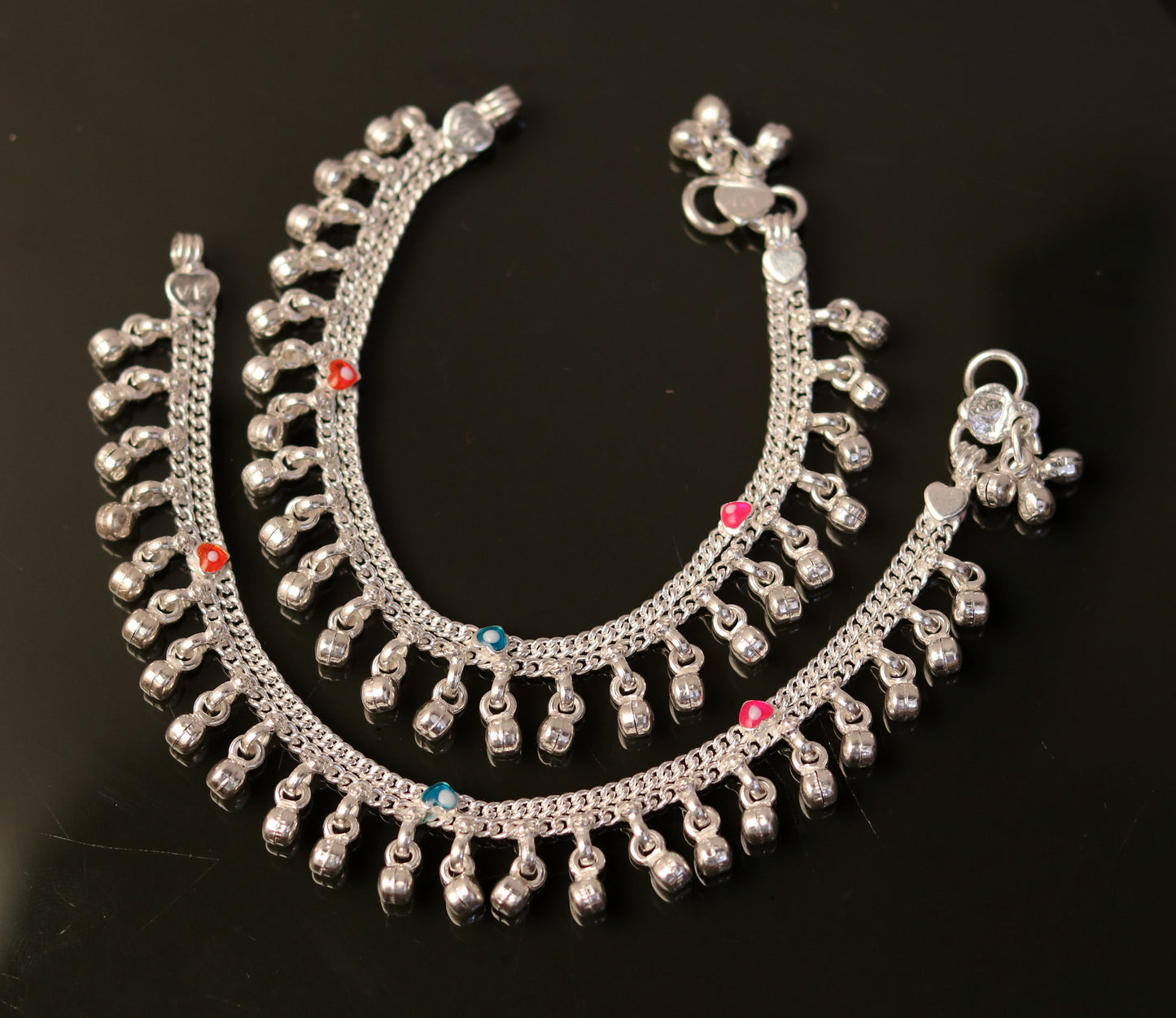 6" Sterling silver handmade fabulous charm baby kids anklets pair with fabulous noisy jingle bells, excellent baby foot bracelet ank165 - TRIBAL ORNAMENTS