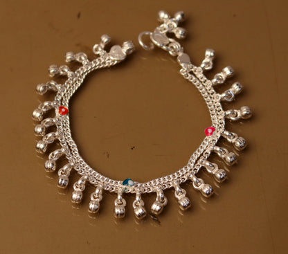 6" Sterling silver handmade fabulous charm baby kids anklets pair with fabulous noisy jingle bells, excellent baby foot bracelet ank165 - TRIBAL ORNAMENTS