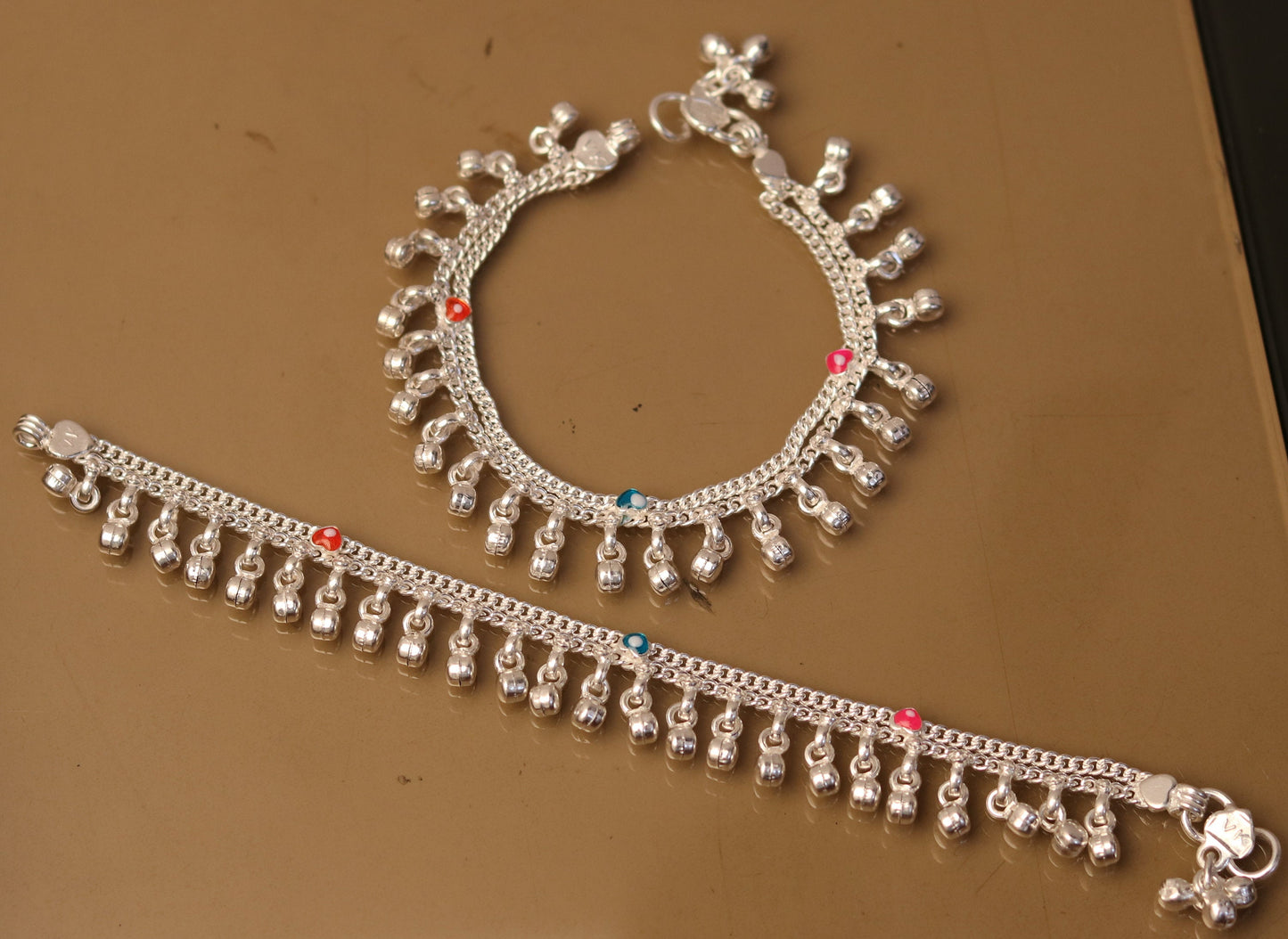 6" Sterling silver handmade fabulous charm baby kids anklets pair with fabulous noisy jingle bells, excellent baby foot bracelet ank165 - TRIBAL ORNAMENTS