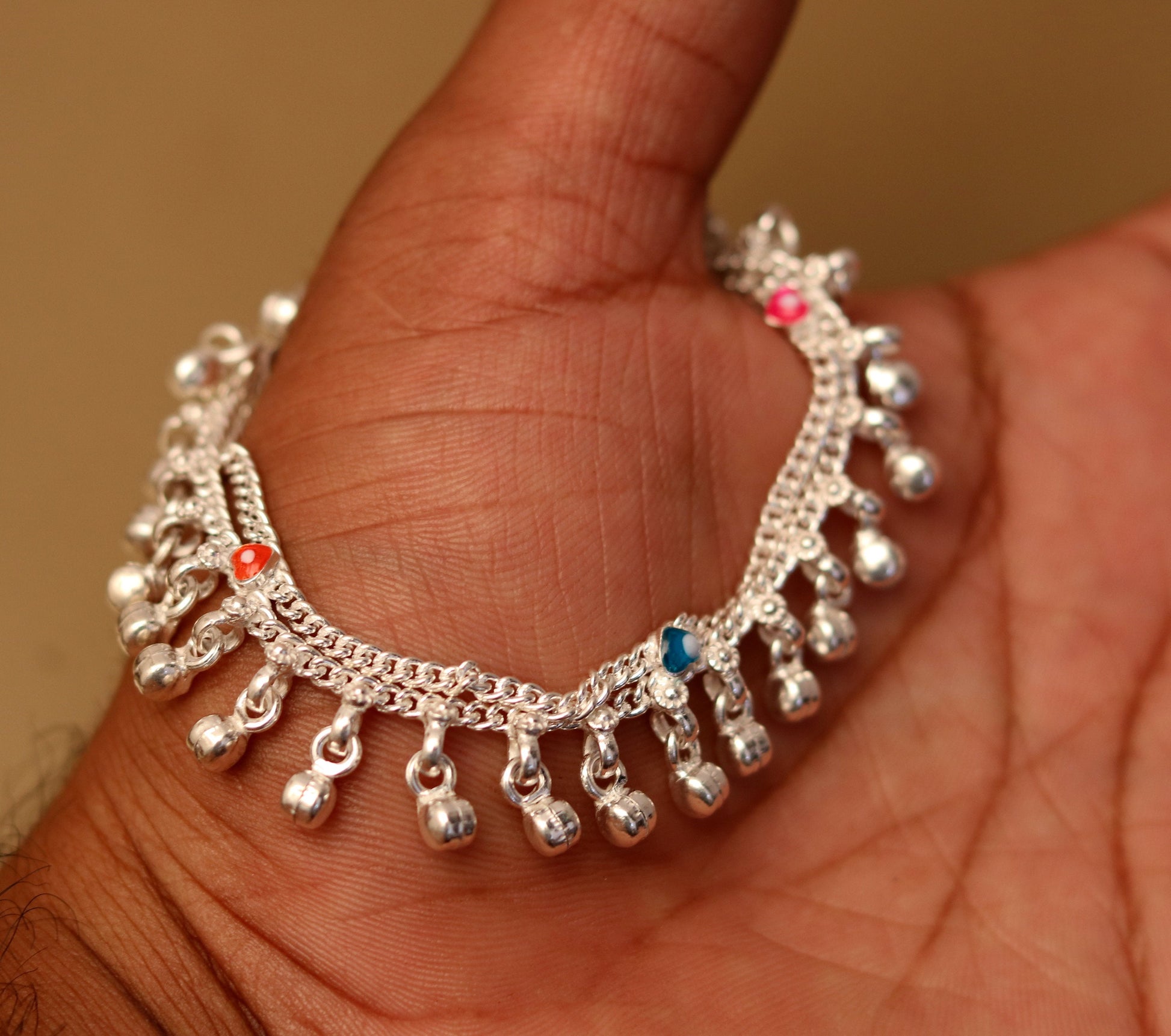 6" Sterling silver handmade fabulous charm baby kids anklets pair with fabulous noisy jingle bells, excellent baby foot bracelet ank165 - TRIBAL ORNAMENTS