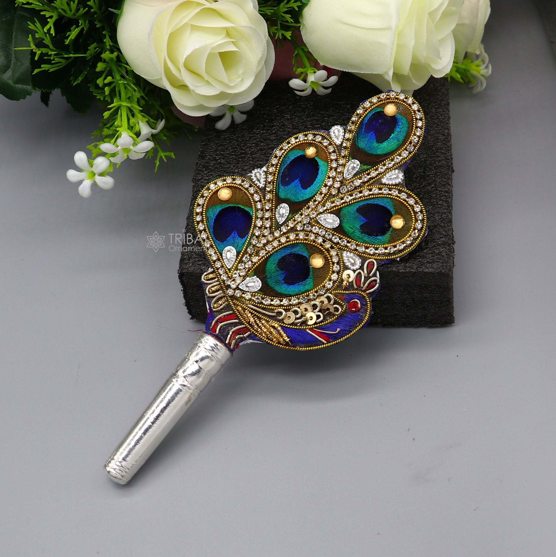 6" Vintage style handmade Wooden base silver Morchhadi, with peacock feather, best lord krishna laddu gopala silver pankhi silver fan su1219 - TRIBAL ORNAMENTS