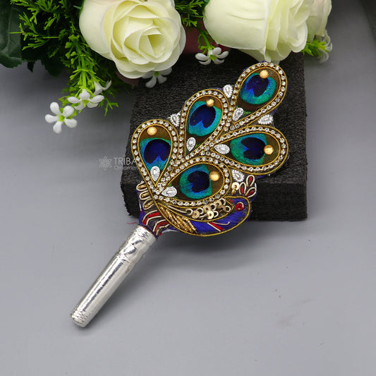 6" Vintage style handmade Wooden base silver Morchhadi, with peacock feather, best lord krishna laddu gopala silver pankhi silver fan su1219 - TRIBAL ORNAMENTS
