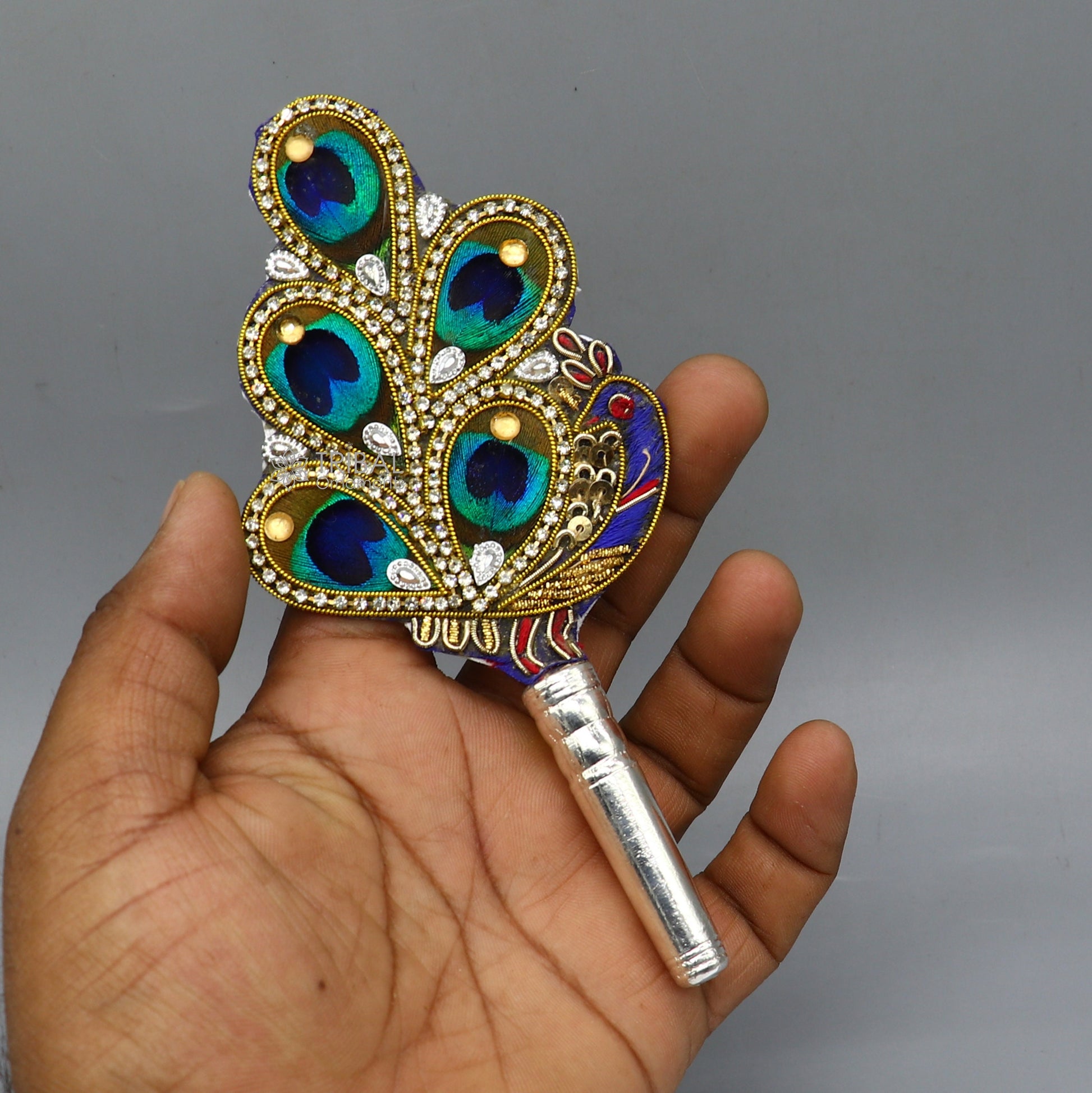 6" Vintage style handmade Wooden base silver Morchhadi, with peacock feather, best lord krishna laddu gopala silver pankhi silver fan su1219 - TRIBAL ORNAMENTS