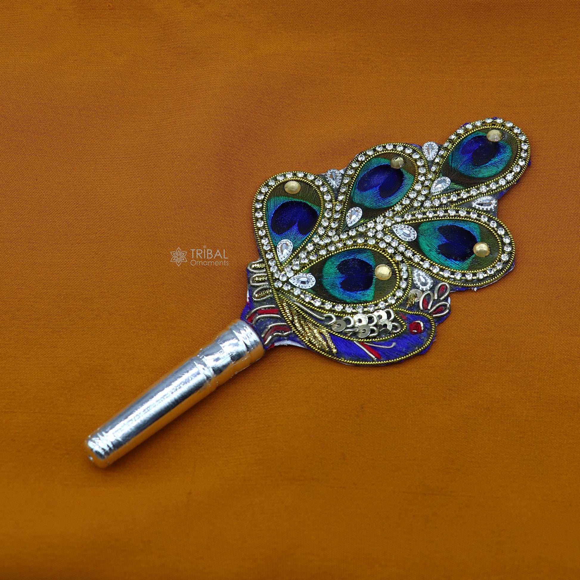 6" Vintage style handmade Wooden base silver Morchhadi, with peacock feather, best lord krishna laddu gopala silver pankhi silver fan su1219 - TRIBAL ORNAMENTS