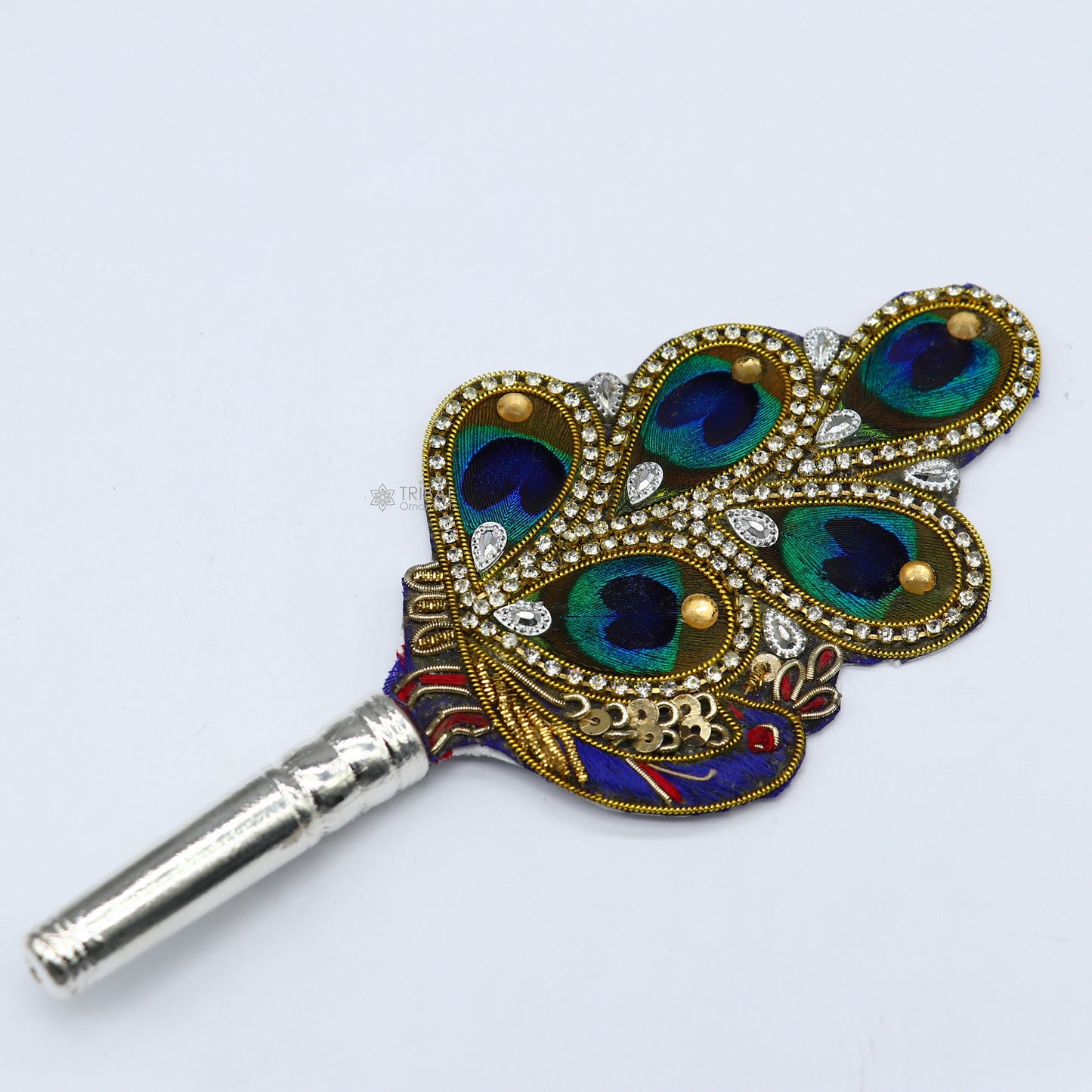 6" Vintage style handmade Wooden base silver Morchhadi, with peacock feather, best lord krishna laddu gopala silver pankhi silver fan su1219 - TRIBAL ORNAMENTS