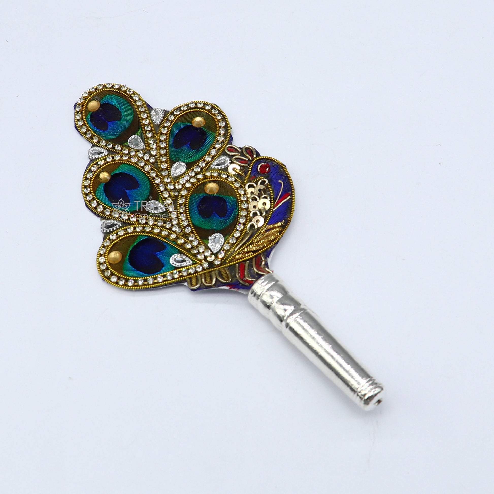 6" Vintage style handmade Wooden base silver Morchhadi, with peacock feather, best lord krishna laddu gopala silver pankhi silver fan su1219 - TRIBAL ORNAMENTS