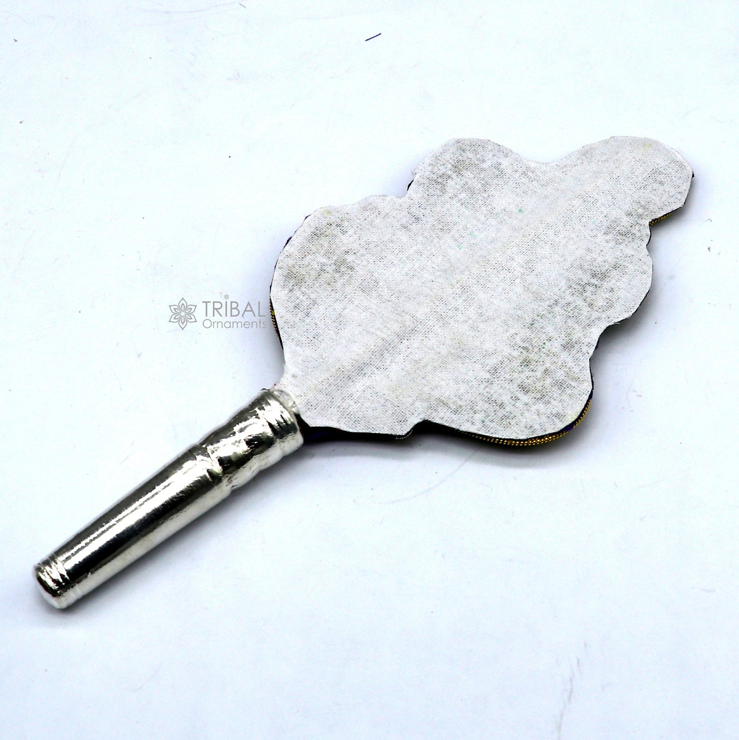 6" Vintage style handmade Wooden base silver Morchhadi, with peacock feather, best lord krishna laddu gopala silver pankhi silver fan su1219 - TRIBAL ORNAMENTS