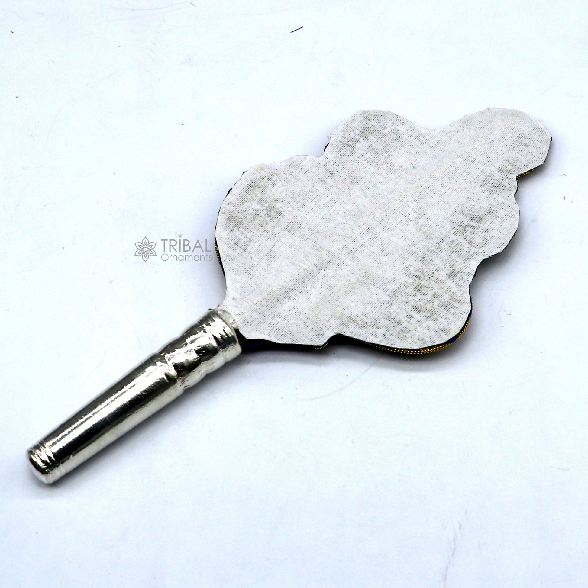 6" Vintage style handmade Wooden base silver Morchhadi, with peacock feather, best lord krishna laddu gopala silver pankhi silver fan su1219 - TRIBAL ORNAMENTS