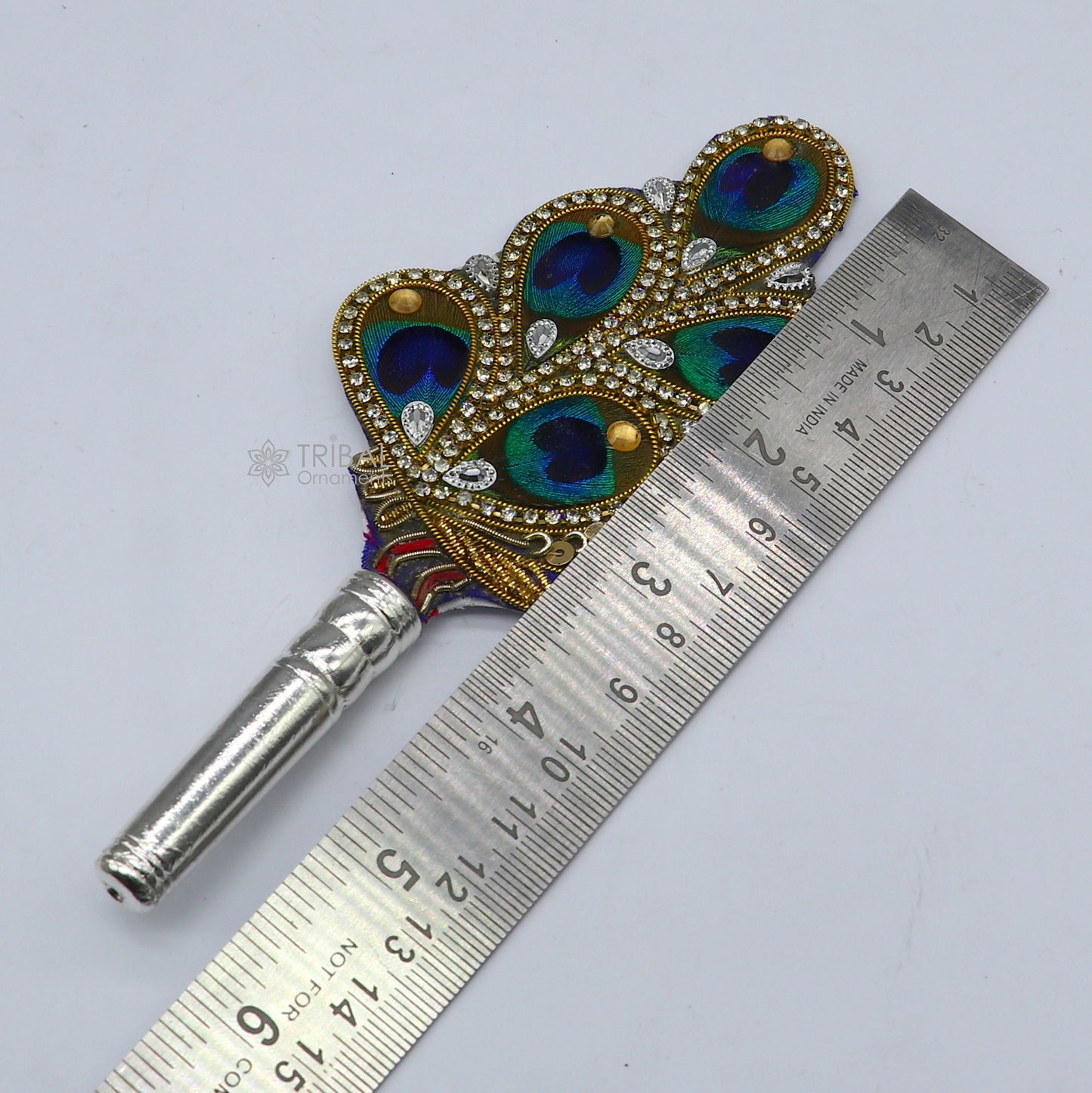 6" Vintage style handmade Wooden base silver Morchhadi, with peacock feather, best lord krishna laddu gopala silver pankhi silver fan su1219 - TRIBAL ORNAMENTS