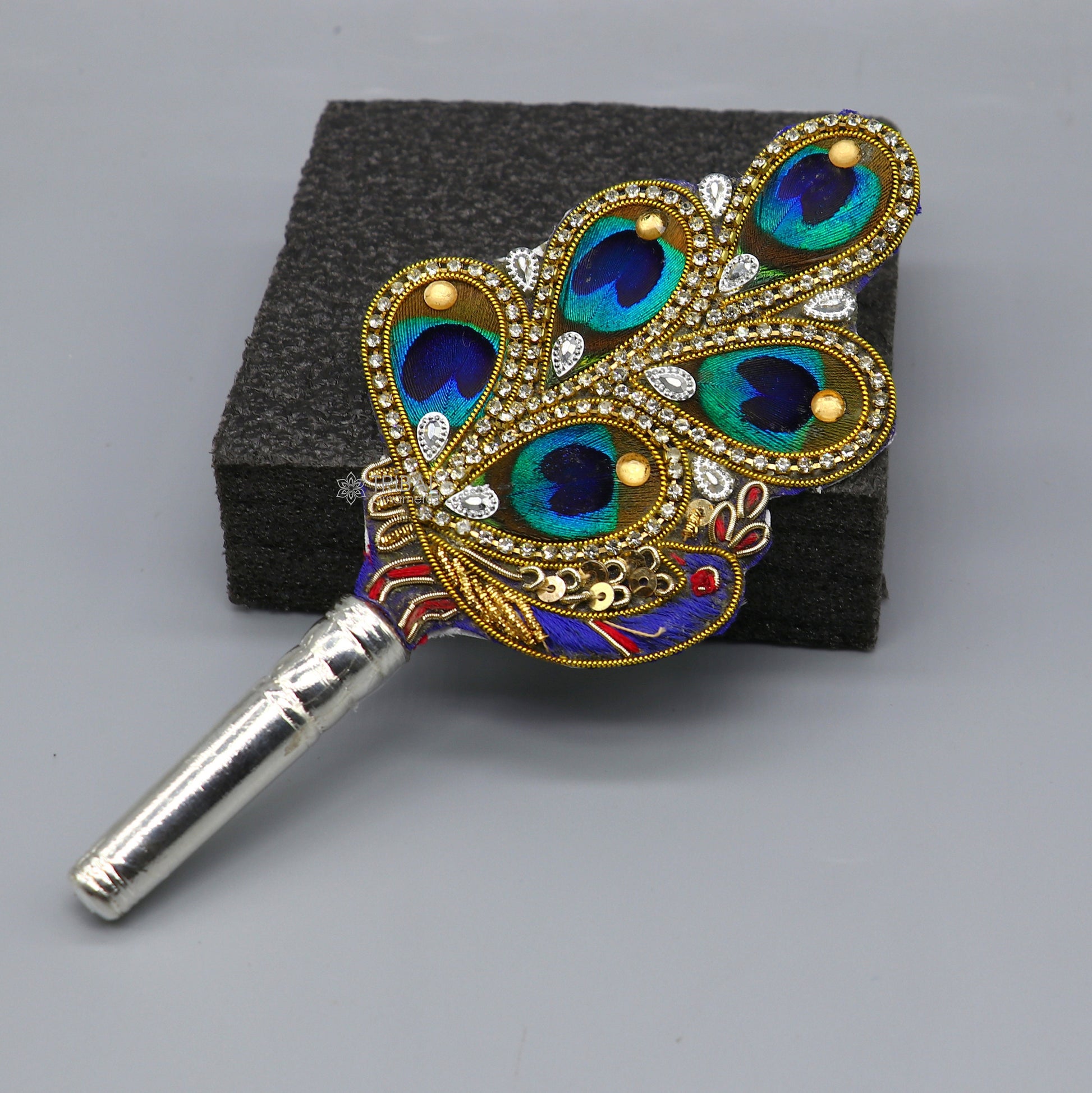 6" Vintage style handmade Wooden base silver Morchhadi, with peacock feather, best lord krishna laddu gopala silver pankhi silver fan su1219 - TRIBAL ORNAMENTS