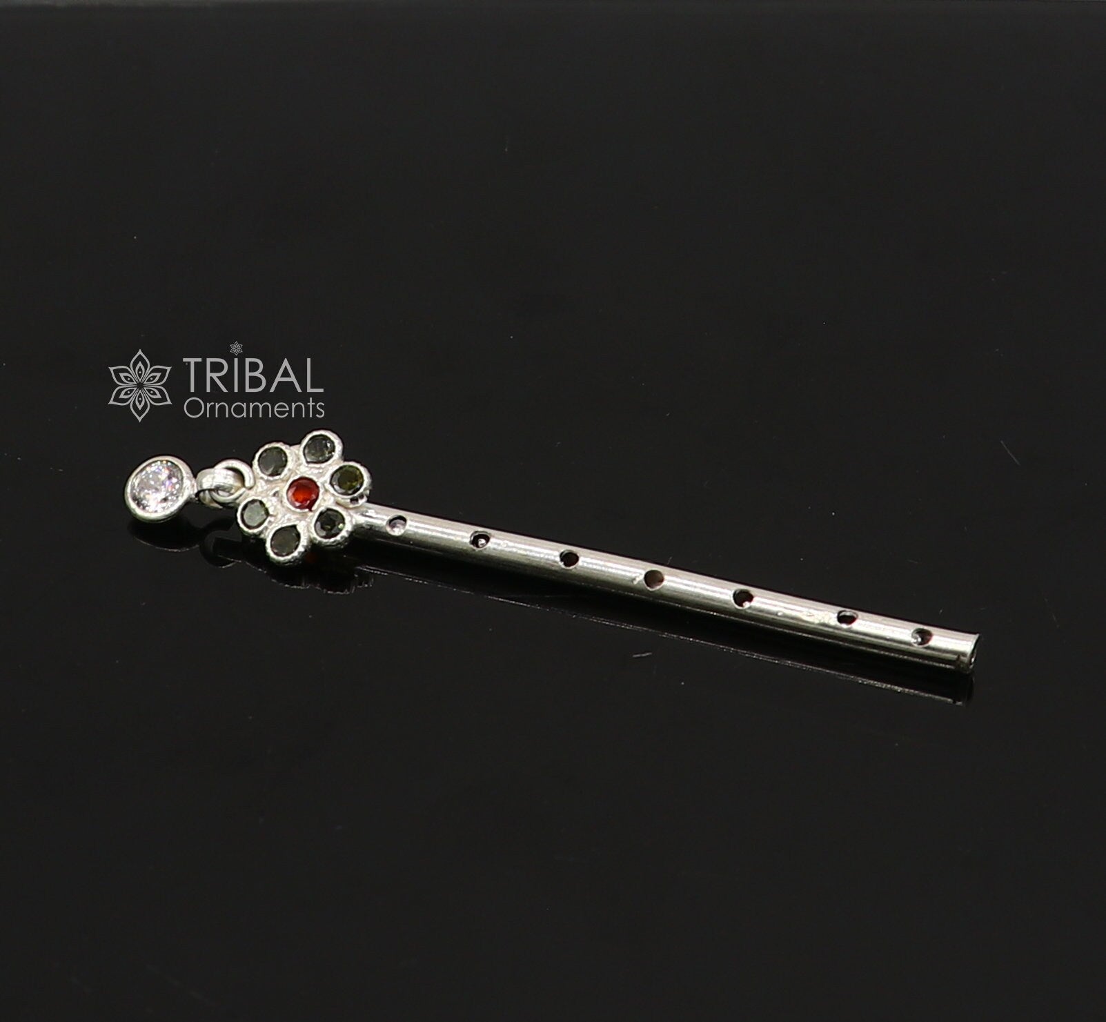 6cm long Flute divine 925 sterling silver handmade stone work design idol Krishna flute, silver bansuri, laddu Gopala flute su1256 - TRIBAL ORNAMENTS