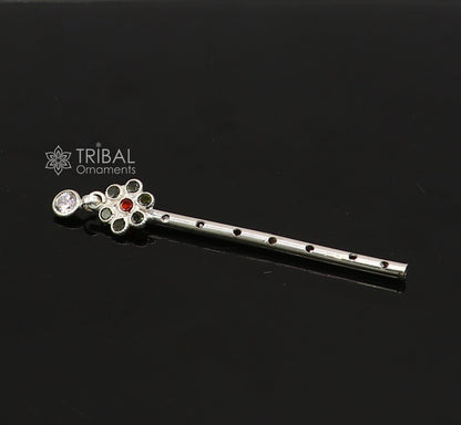6cm long Flute divine 925 sterling silver handmade stone work design idol Krishna flute, silver bansuri, laddu Gopala flute su1256 - TRIBAL ORNAMENTS