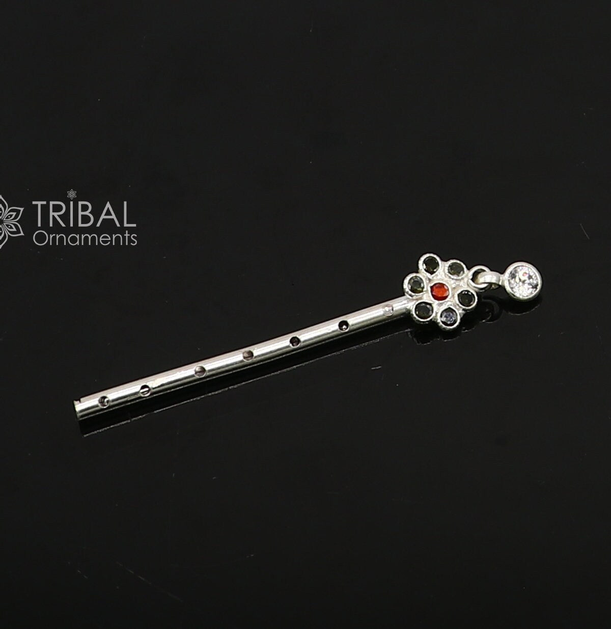 6cm long Flute divine 925 sterling silver handmade stone work design idol Krishna flute, silver bansuri, laddu Gopala flute su1256 - TRIBAL ORNAMENTS