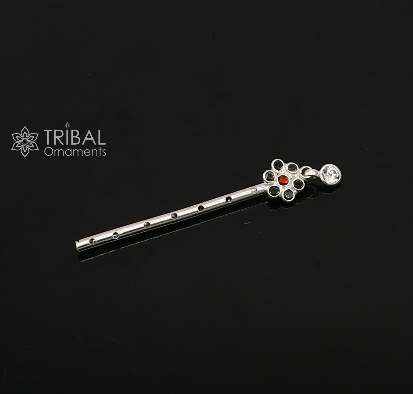 6cm long Flute divine 925 sterling silver handmade stone work design idol Krishna flute, silver bansuri, laddu Gopala flute su1256 - TRIBAL ORNAMENTS