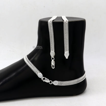 Handmade 6mm 10.5-inch sterling silver wheat chain ankle bracelet with intricate design, ideal for gift or belly dance jewelry.