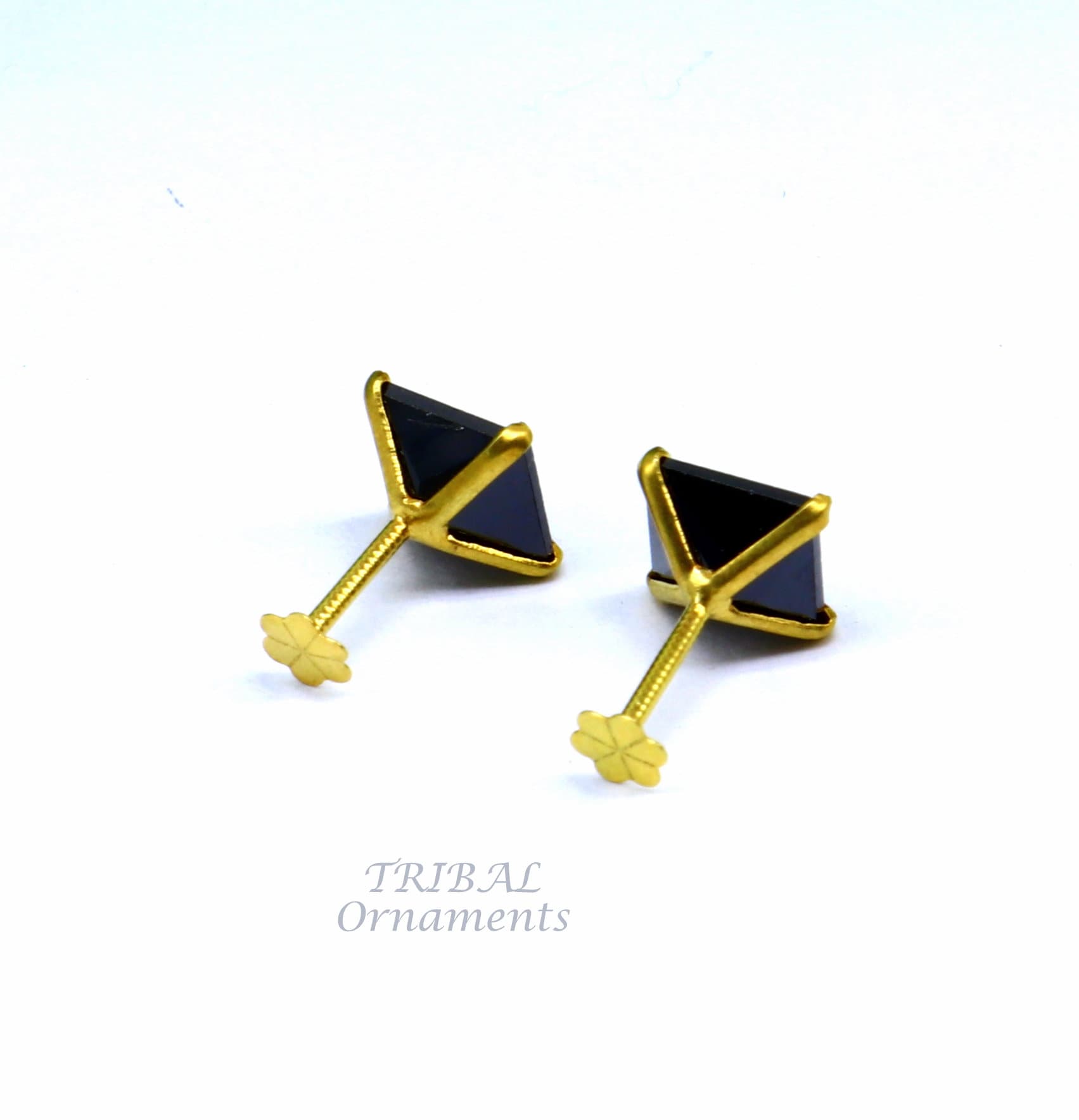 6mm 18kt yellow gold handmade single black stone back screw stud earring cartilage customized unisex jewelry er139 - TRIBAL ORNAMENTS