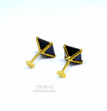 6mm 18kt yellow gold handmade single black stone back screw stud earring cartilage customized unisex jewelry er139 - TRIBAL ORNAMENTS