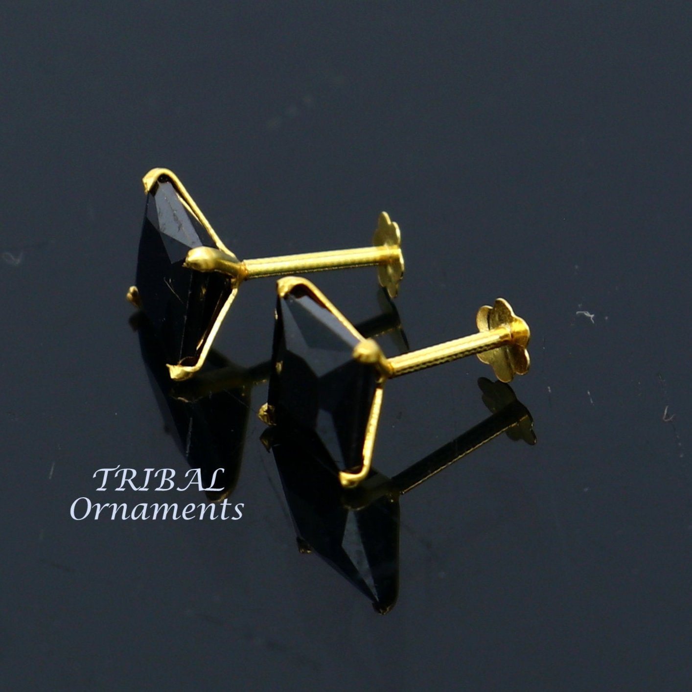 6mm 18kt yellow gold handmade single black stone back screw stud earring cartilage customized unisex jewelry er139 - TRIBAL ORNAMENTS