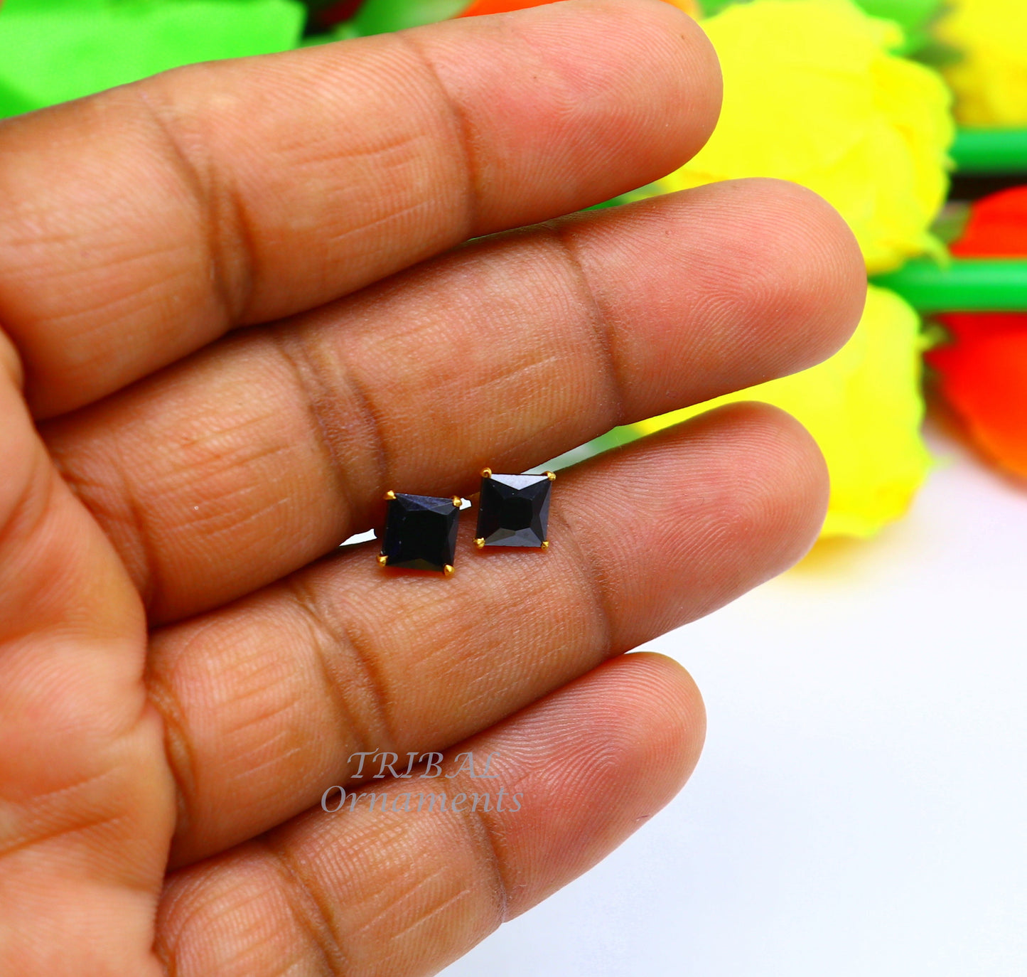 6mm 18kt yellow gold handmade single black stone back screw stud earring cartilage customized unisex jewelry er139 - TRIBAL ORNAMENTS