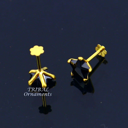 6mm 18kt yellow gold handmade single black stone back screw stud earring cartilage customized unisex jewelry er141 - TRIBAL ORNAMENTS