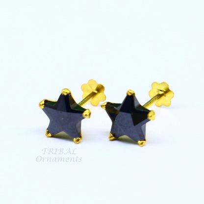 6mm 18kt yellow gold handmade single black stone back screw stud earring cartilage customized unisex jewelry er141 - TRIBAL ORNAMENTS