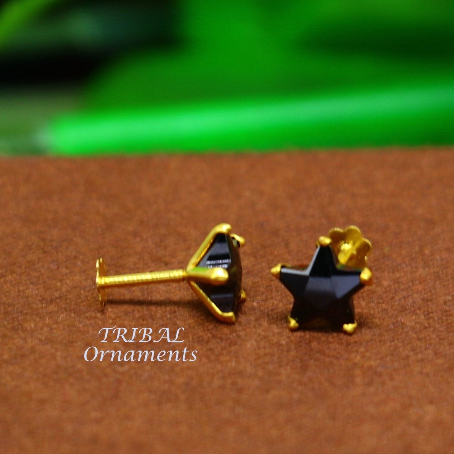 6mm 18kt yellow gold handmade single black stone back screw stud earring cartilage customized unisex jewelry er141 - TRIBAL ORNAMENTS