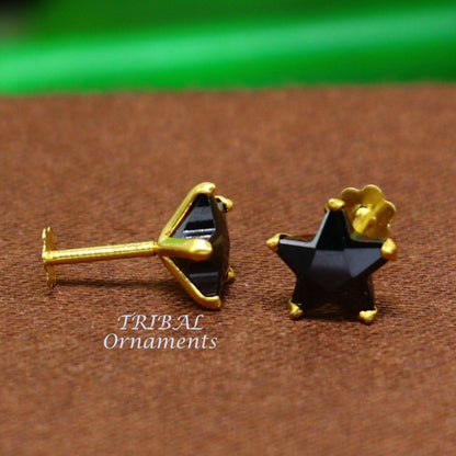 6mm 18kt yellow gold handmade single black stone back screw stud earring cartilage customized unisex jewelry er141 - TRIBAL ORNAMENTS