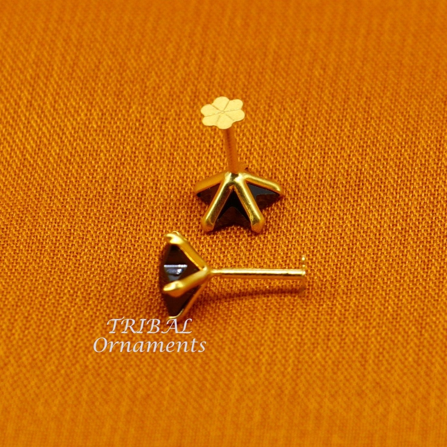 6mm 18kt yellow gold handmade single black stone back screw stud earring cartilage customized unisex jewelry er141 - TRIBAL ORNAMENTS
