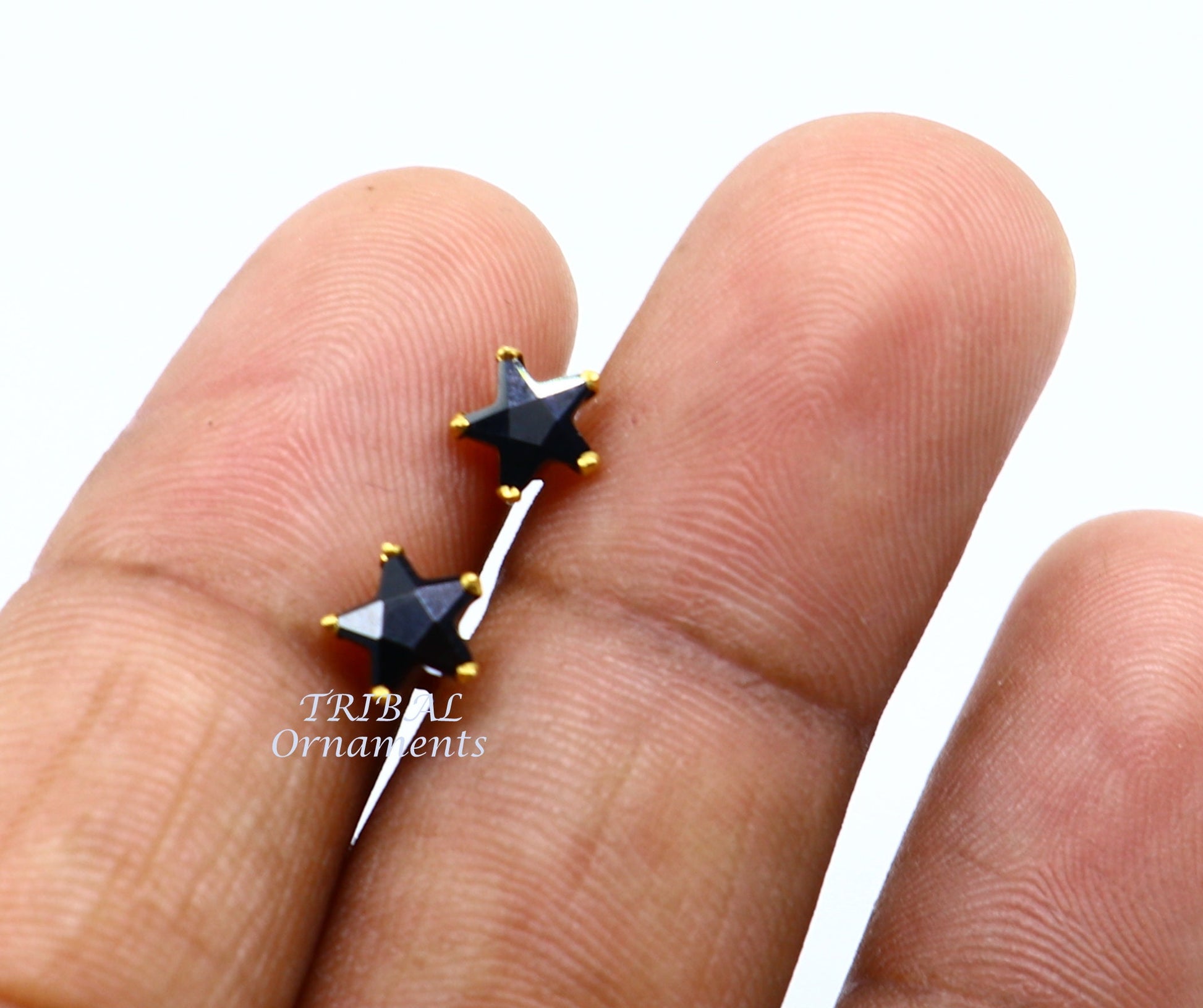 6mm 18kt yellow gold handmade single black stone back screw stud earring cartilage customized unisex jewelry er141 - TRIBAL ORNAMENTS