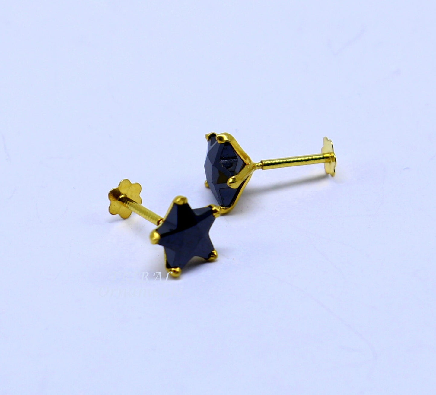 6mm 18kt yellow gold handmade single black stone back screw stud earring cartilage customized unisex jewelry er141 - TRIBAL ORNAMENTS