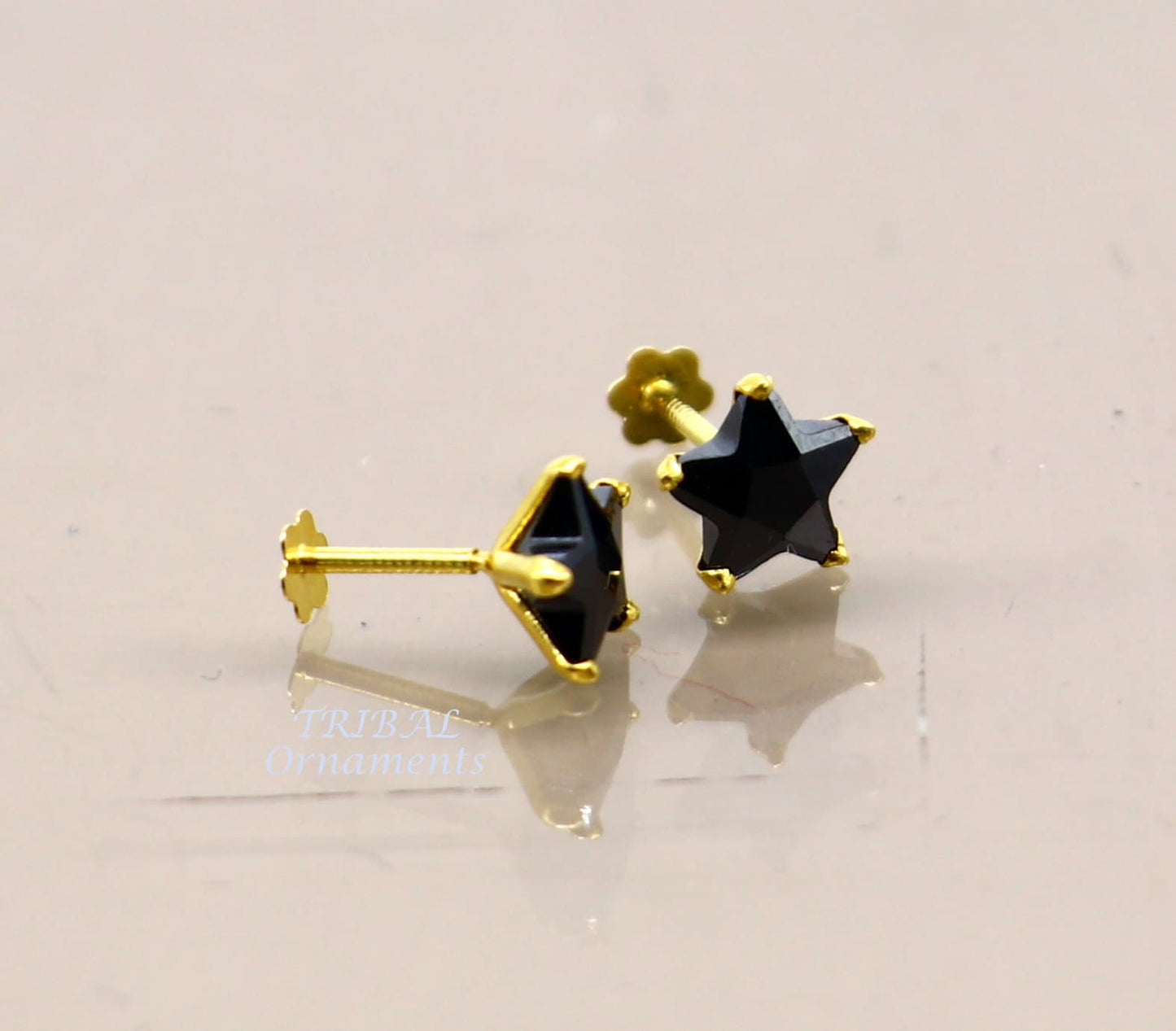 6mm 18kt yellow gold handmade single black stone back screw stud earring cartilage customized unisex jewelry er141 - TRIBAL ORNAMENTS