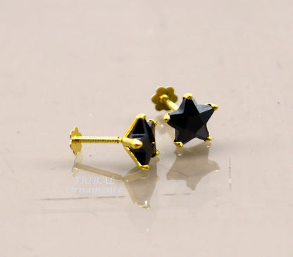 6mm 18kt yellow gold handmade single black stone back screw stud earring cartilage customized unisex jewelry er141 - TRIBAL ORNAMENTS