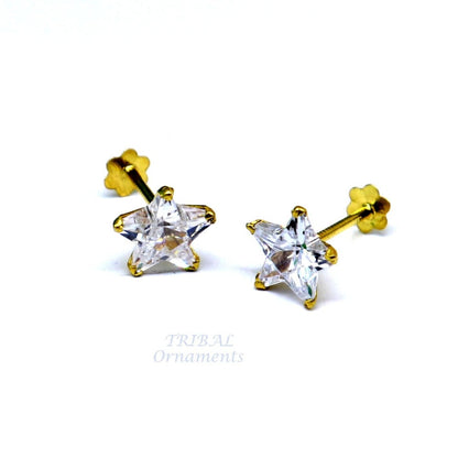 6mm 18kt yellow gold handmade single cubic zircon stone back screw star shape stud earring cartilage customized unisex jewelry er145 - TRIBAL ORNAMENTS